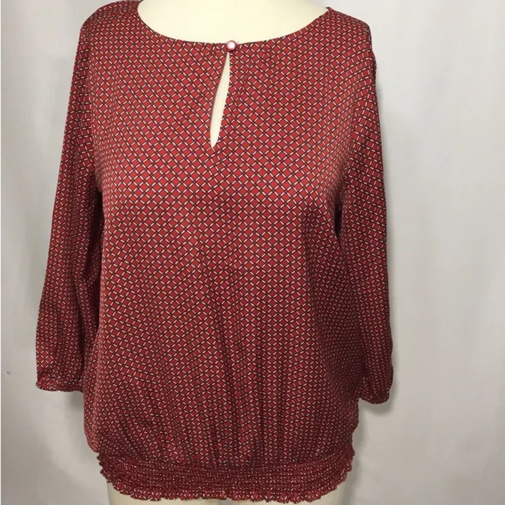 Ann Taylor Geometric Plaid Keyhole Smocked Blouse